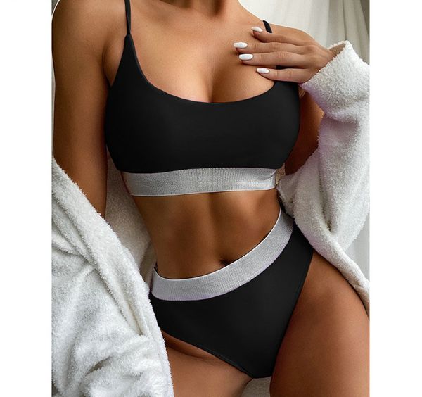 

high waist swimwear bikini women's swimsuits push up biquini shiny splicing bikinis cut bathing suits, White;black
