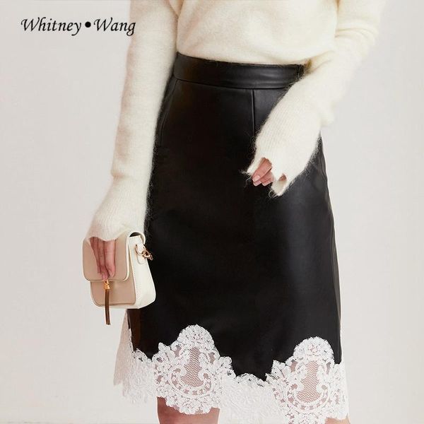 

skirts whitney wang 2021 autumn winter fashion streetwear lace patchwork pu mini skirt women office lady faux leather plus size, Black