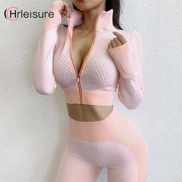 

chrleisure women 2 piece set women tracksuit zippers long sleeve crop and push up leggings patchwork sets women fitness 211007, White