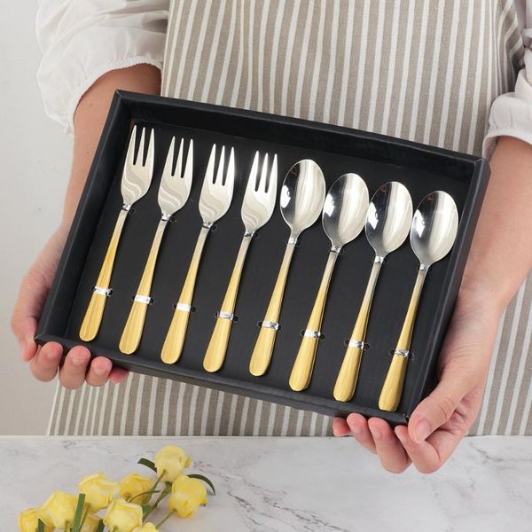 

forks 8pcs 304 stainless steel tea spoon fork luxury cutlery set gift box dessert coffee ice cream western tableware accessories