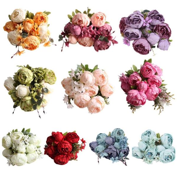 

hight quality silk flower european 1 bouquet artificial flowers fall vivid peony fake leaf wedding home party decoration decorative & wreath