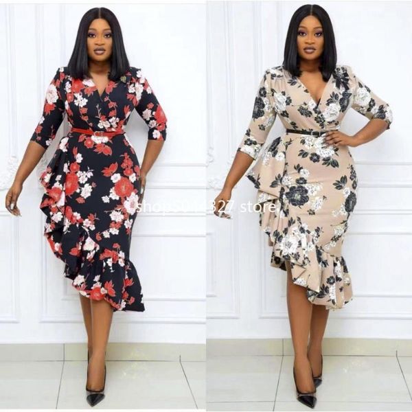 

ethnic clothing falbala v-neck boho floral printed dress slim 2021 spring autumn cut out ruffles dresses women party office midi vestid, Red