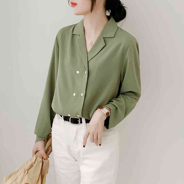 Frauen Tops Frühling Kleidung Stil Langarm Bluse Shirts Lose Solide Blusa Taste Büro V-ausschnitt Hemd 995G 210420