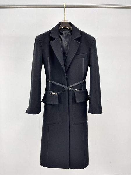 

women's wool & blends the 2021 chic belt design long cashmere coat 0823, Black