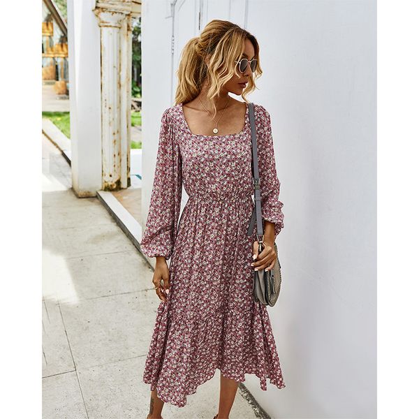 

foreign trade women's clothing 2021 spring european and cross-border small chrysanthemum square neck dress long dress women, Black;gray