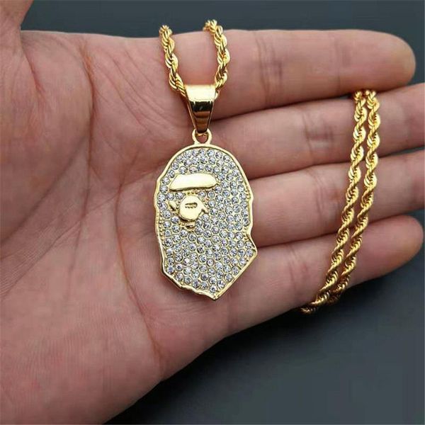 

hip hop iced out ape man pendent necklace stainless steel full rhinestone men's bling punk rapper jewelry drop pendant necklaces, Silver