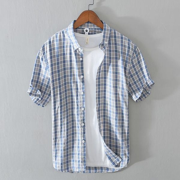 

summer thin plaid short sleeve shirt men's casual cquare collar shirts, White;black