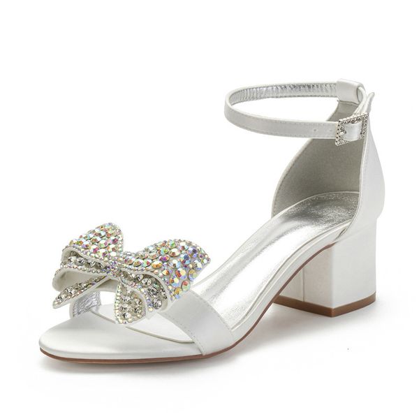 

sandals block heels satin crystals bowknots wedding for bride open toe ankle buckle strap mid bridal party dress po3x, Black