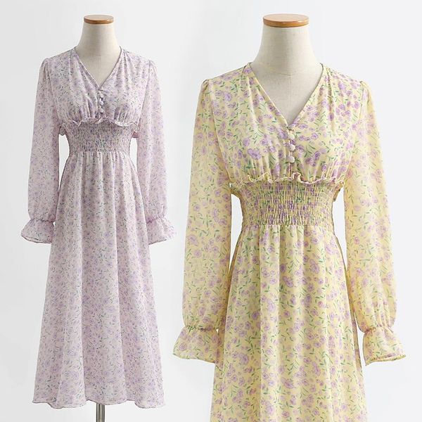 

casual dresses women spring autumn fashion female v neck floral print bohemia long sleeve elastic waist midi chiffon dress vestidos, Black;gray