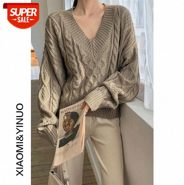 

[ou fan] 6925 hemp pattern v-neck long-sleeved pullover sweater women loose lazy knit #vs77, Black;gray