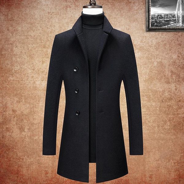 

men's trench coats casual autumn winter 47%wool blends black color mid-long cotton jackets windbreaker luxurious overcoat outerwear, Tan;black