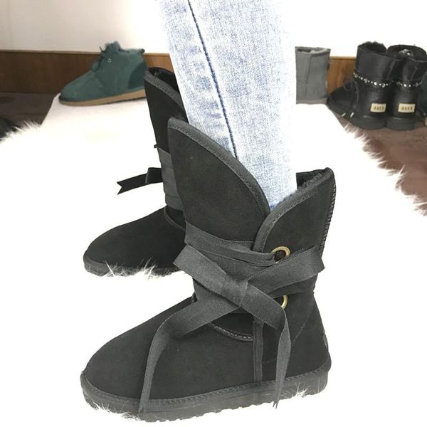 

boots 2021 genuine leather snow women warm wool winter waterproof non-slip shoes cow suede female boot, Black