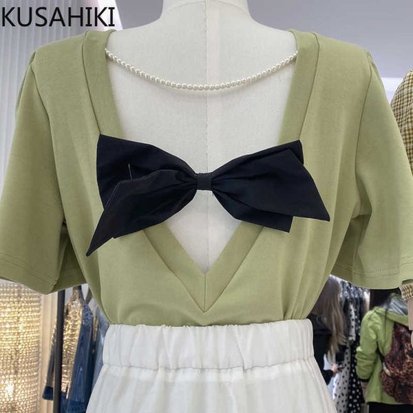 

sweet bowknot backless graphic t shirts korean elegant short sleeve o-neck shirt spring summer tees 6g327 210603, White
