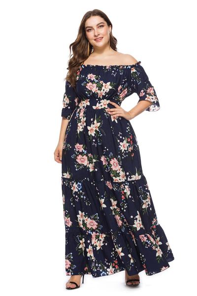 

floral print summer dress one-neck high waist bohemian party long xl to 6xl plus size dresses for women sq0095b casual, Black;gray