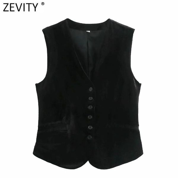 

zevity women vintage v neck breasted velvet blouse office ladies sleeveless vest business shirts chic casual blusas ls7417 women's blo, White