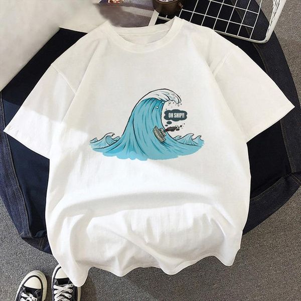 

the wave landscape printing tee womens t shirt streetwear japanese anime hipster, White