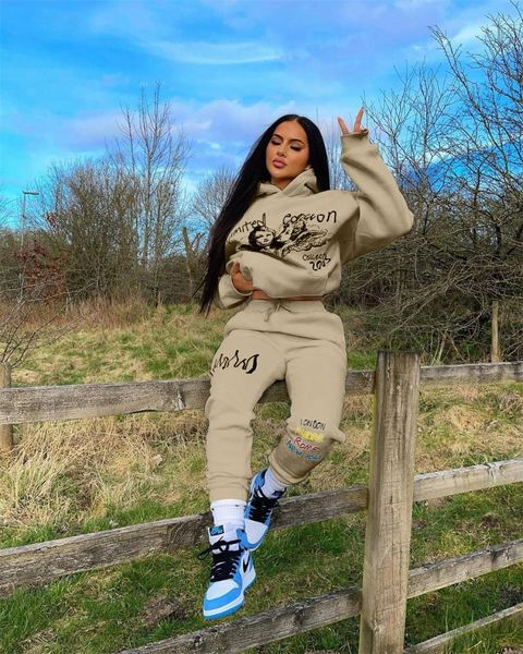 

women's two piece pants 2021 ins network celebrity and ladies suit 2-piece set long sleeve letter personality graphic print hooded spor, White