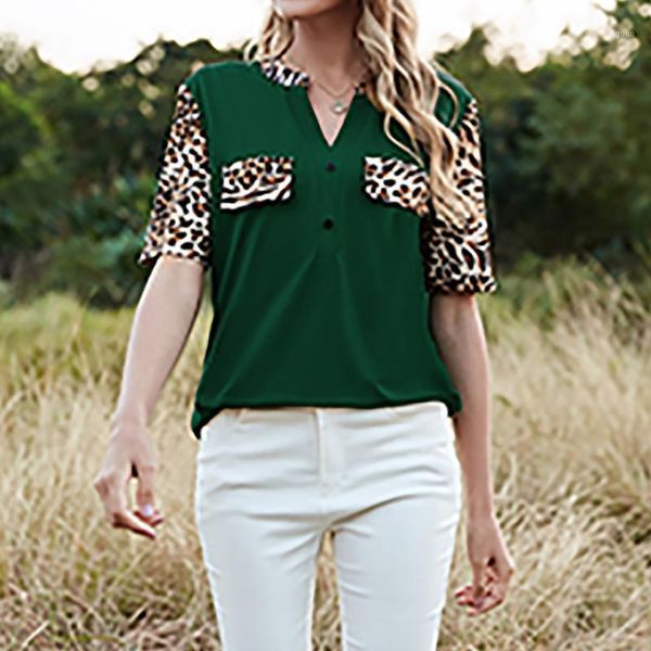 

v-neck pullover leopard print collision color loose short-sleeved t-shirt plus size t-shirts for women fashion women's, White