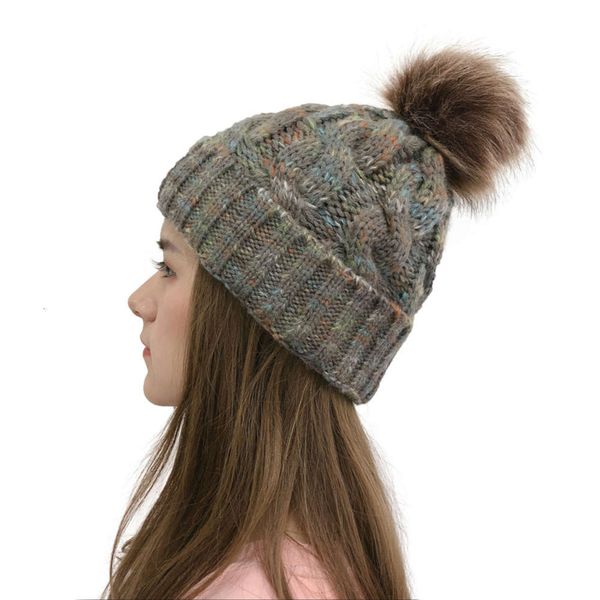 

autumn and winter 2019 curled knitted horsetail women's ball wool cap, Blue;gray