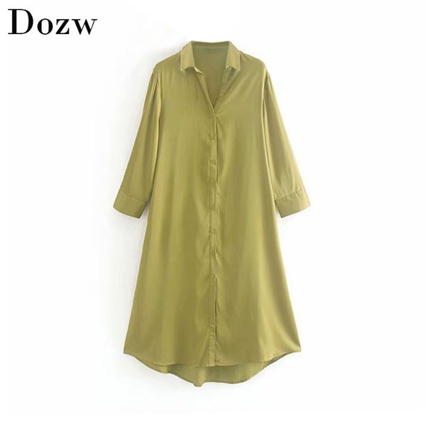 

solid satin silk women shirt dress elegant ladies turn down bandage casual loose female soft yellow midi es 210515, Black;gray