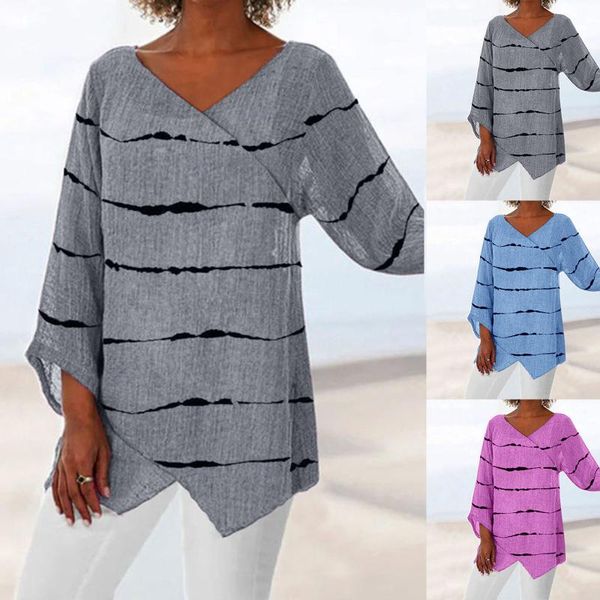 

women's blouses & shirts vintage women blouse irregular loose 3/4 sleeve fashion stripe printing casual v neck shirt blusas y camisas, White
