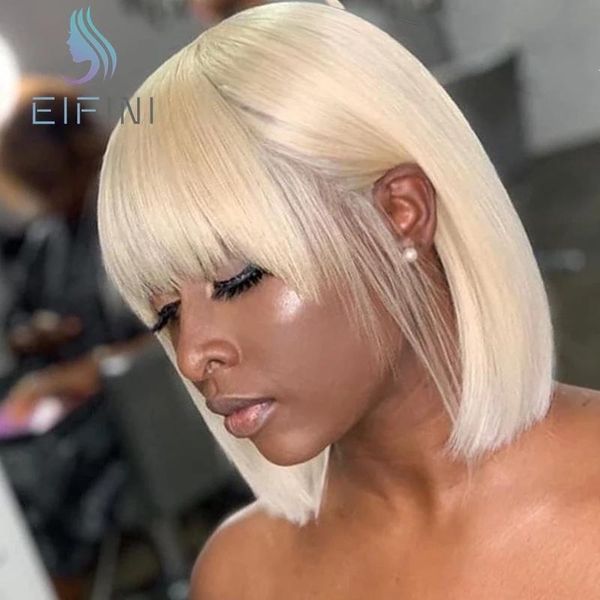 

brazilian short 613 blond straight human hair wigs with bangs full machine made glueless none lace bob wig for women eifini, Black;brown