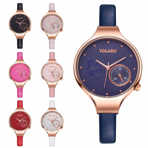 

wristwatches 2021 yolako brand women fashion blue quartz watch lady leather flower casual gift clock, Slivery;brown