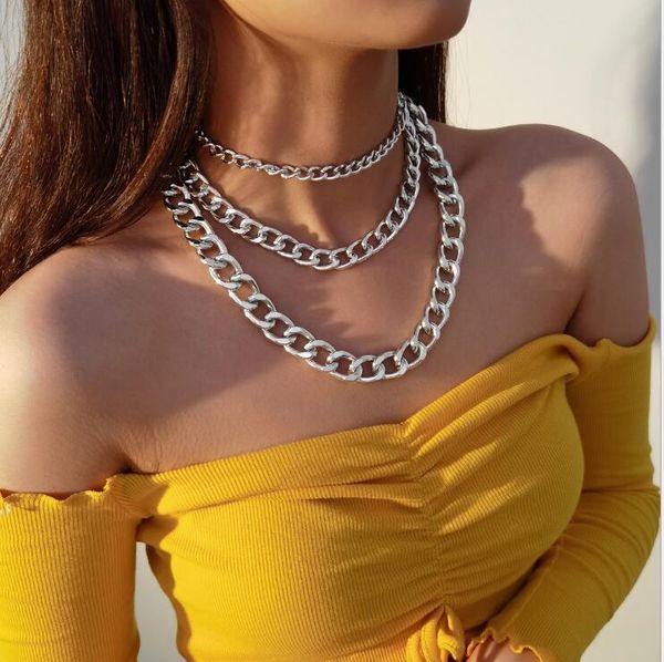 

pendant necklaces hip hop chunky choker necklace collar steampunk men rock big aluminum gold color thick chain women jewelry, Silver