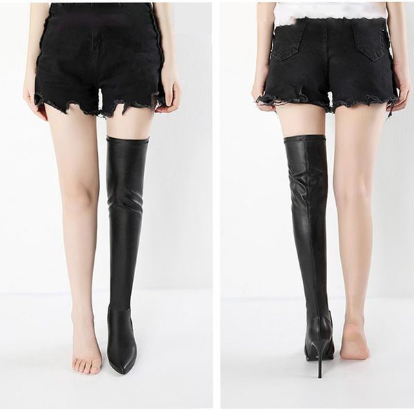 

boots over the knee nightclub high heels long pointed toe stiletto elastic women's stovepipe thigh, Black