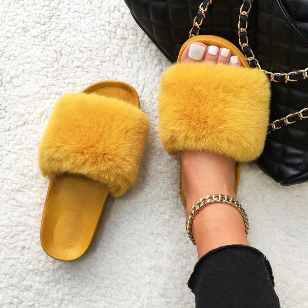 

slippers furry fur slides fluffy flip flops faux plush designer platform sandals summer beach home women shoes 2021, Black