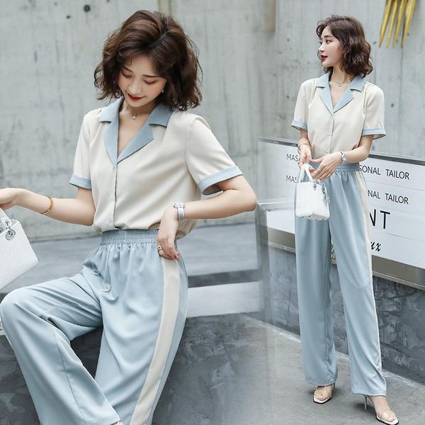 

women's summer casual shirt + wide-leg pants two-piece suit elegant and temperament chiffon professional two piece dress, White