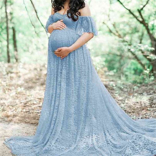 

lace maternity dresses for po shoot summer long open shoulder pregnancy dress pregnant woman 210922, White