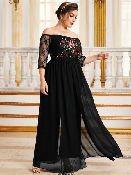 

plus embroidery detail jumpsuit with skirt x0y4#, Black