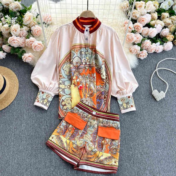 

singreiny women spring retro print suit lantern sleeve button loose casual +high waist wide leg short pants two piece set 210419, White