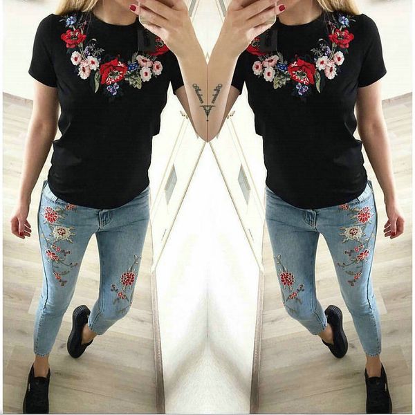 

women's lady women white tee shirt short sleeve summer letter and flower embroidery cotton t-shirt