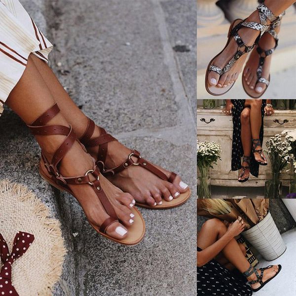 

women ladies flat lace up strappy gladiator ankle strap sandals shoes for summer beach femmes chaussures, Black