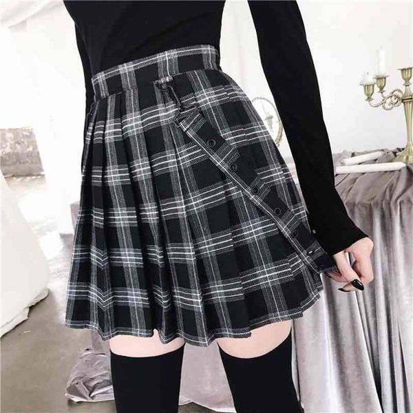 

imily bela gothic vintage plaid mini skirt women suspender strap pleated a-line skirts high waist casual plus size faldas t200324, Black