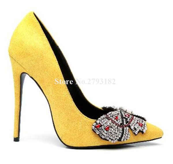 

brand design women luxurious pointed toe suede leather rhinestone stiletto heel pumps yellow black crystal beaded high heels dress shoes