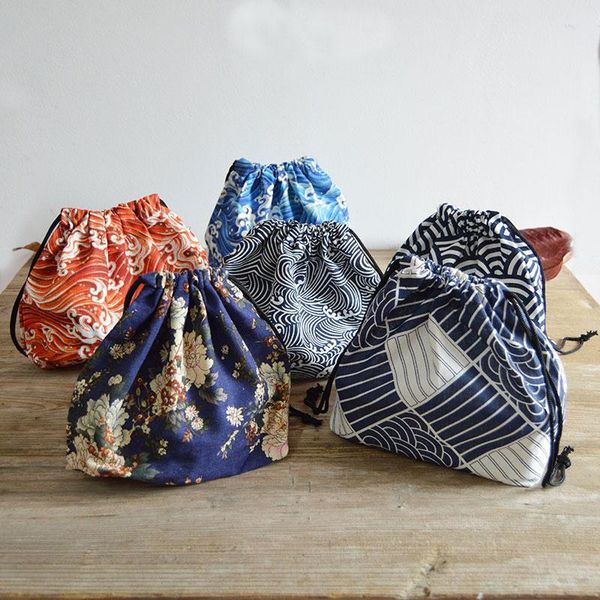 

storage bags japanese style cotton linen lunch bag fashion thickening printed drawstring tote for picnic