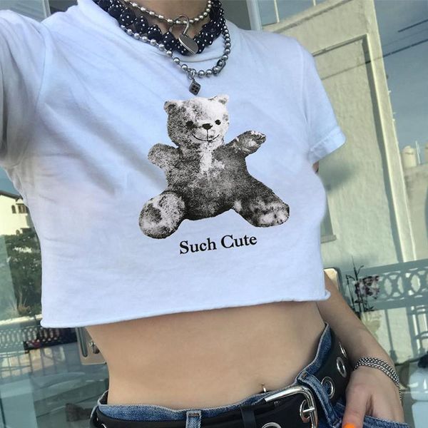 

women's t-shirt women t-shirts short sleeves fashion white bear pattern cropped ladies summer casual round neck slim tee shirts