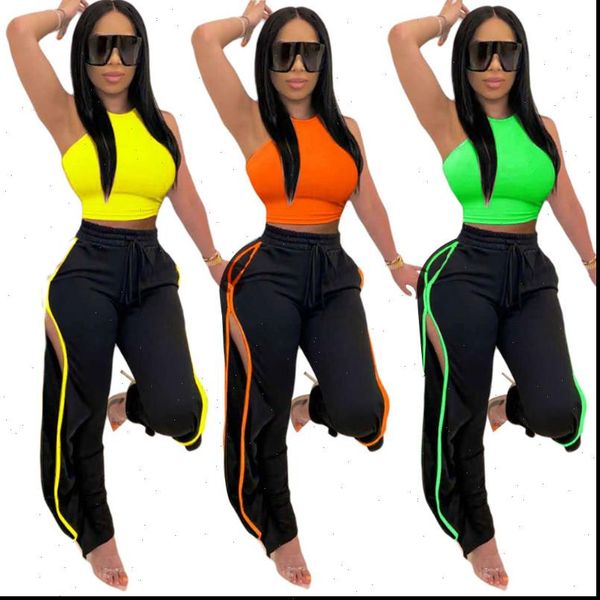 

2 piece pants sets solid womens tracksuits crop tank and side split outfits woman two pieces female, Gray