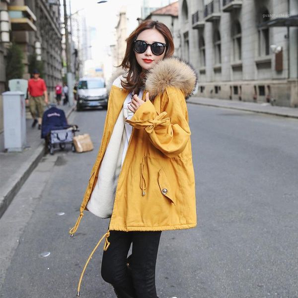 

winter tooling lamb hair thick cotton coat female long section large fur collar, Black