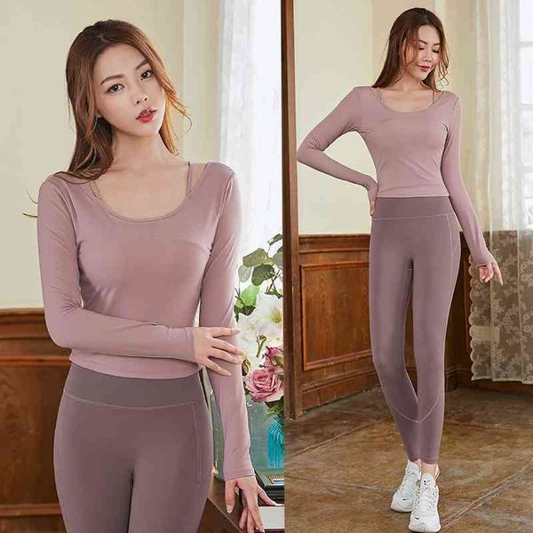 

lulu nude yoga suit with chest cushion long sleeve autumn and winter sports set beautiful back professional bodysuit, Gray