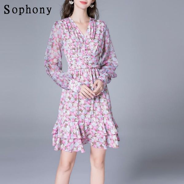 

casual dresses fashion women long lantern sleeve v neck buttons flower print layer ruffles beach vestidos pink purple floral dress 9033, Black;gray