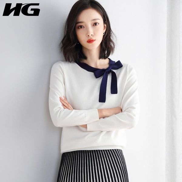 

women's sweaters [hg] korea version contrast color female sweater 2021 spring o-neck pullover full sleeve bandage women casual lyh3121, White;black