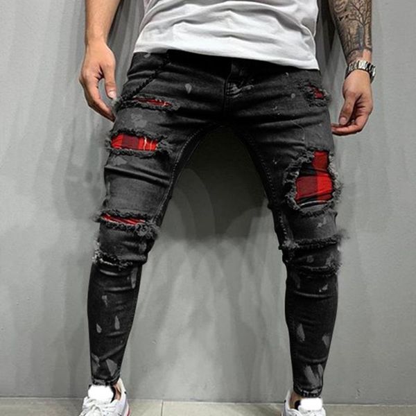 

men's jeans quilted embroidered skinny ripped grid stretch denim pants man elastic waist patchwork jogging trousers, Blue