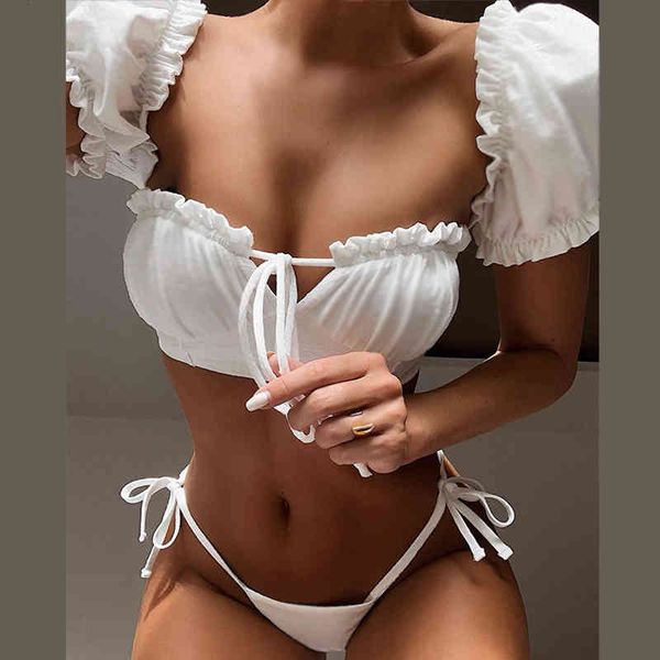 

women's swimwear short sleeve women tie side bathing suit high cut biquini in-x solid white ruffle swimsuit female bandeau bikini, White;black