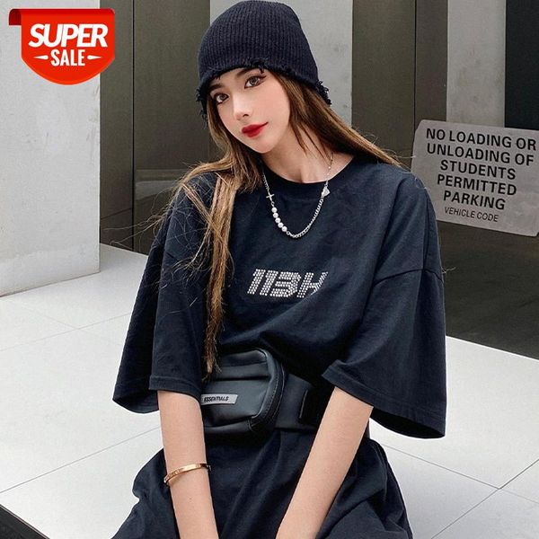 

113h rhinestone short sleeve men's and women's couples same loose all-match half t-shirt #wi2g, White;black