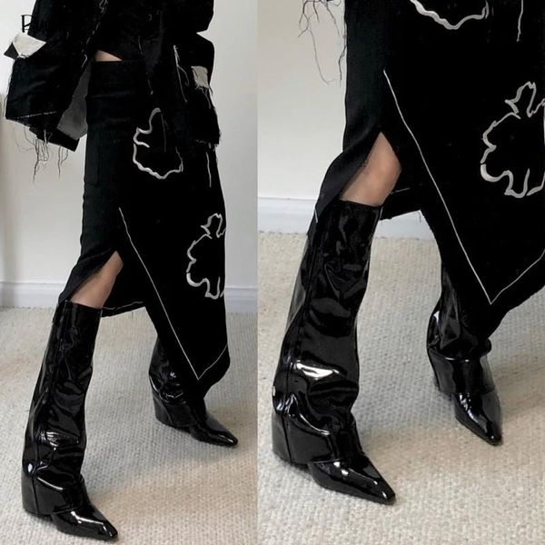 

boots independent designer brand pleated patent leather knee high heels pointed toe women skirt side zipper botas, Black