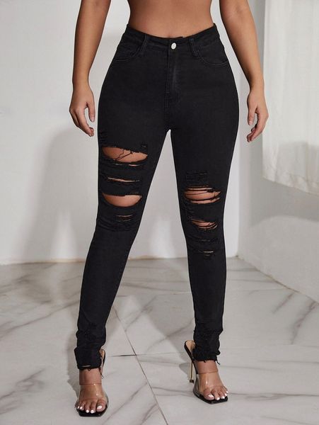 

sxy high waist ripped detail skinny jeans h96j#, Blue